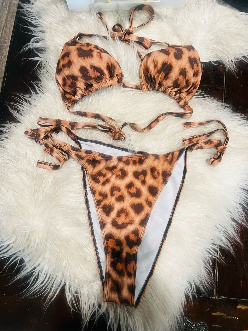 Leopard Print Three-Piece Bikini Set - Brown